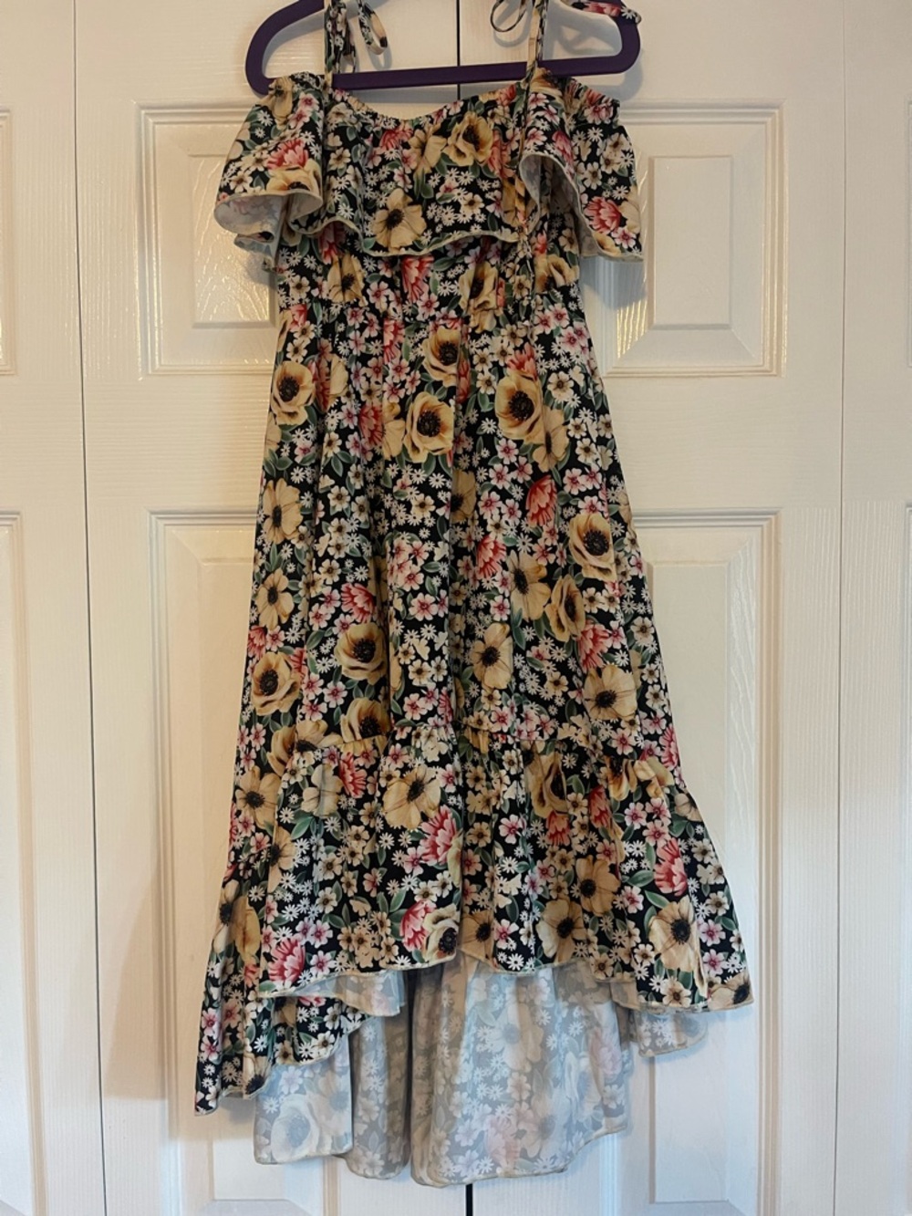 Girls Floral Off-Shoulder High-Low Dress in Black & Yellow